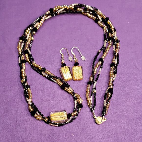 Gold Foiled Glass Black & Gold AB Glass Bead Necklace W/ 14KGF Matching Earrings - Picture 6 of 12